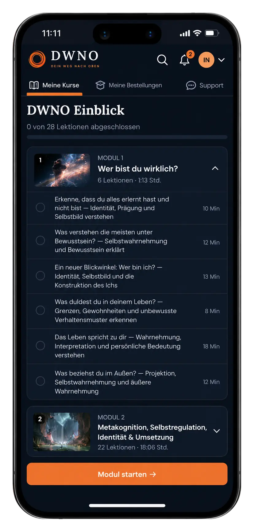 Der DWNO Einblick auf dem Handy: Kursübersicht mit Modulen und Lektionen